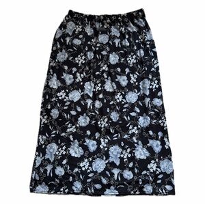 Vintage Clientele Floral Black Blue Maxi Skirt 90s Rose Print Elastic Waist